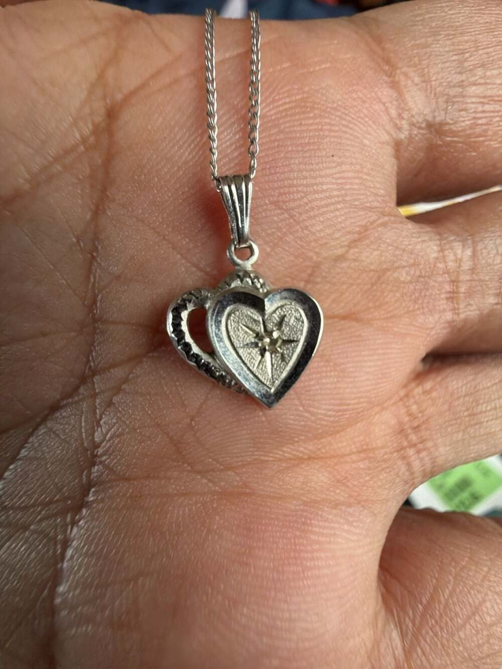 Vintage Sterling Silver Double Heart Pendant Necklace with Diamond Accent